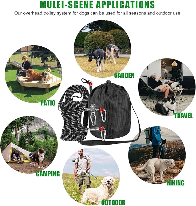 Dog Camping Essentials,Tie Out Cable for Camping,50ft Portable Overhead Trolley System with 10ft Runner Lead for Dogs up to 200lbs,Portable Reflective Dog Lead Line for Yard, Park and Outdoor (Black)