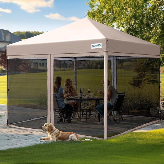 Quictent 8'x8’ Pop up Screened Canopy Tent with Mosquito Netting, Portable Easy up Outdoor Screen House Shelter for Patio, Camping and Picnic, Includes Wheeled Carry Bag (Tan)