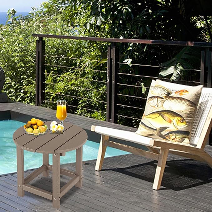 LZRS Round Adirondack Patio Side Table End Table, Outdoor Side Tables for Patio, Backyard,Pool, Indoor Companion, Easy Maintenance & Weather Resistant(Weather Wood)