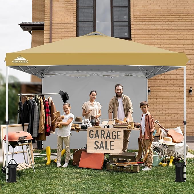 EAGLE PEAK Pop Up Canopy Tent with 1 Sidewall, Easy Setup Event Tent, Outdoor Sun Shade, Wheeled Carry Bag, Stakes and Guy Ropes, Instant Canopy 10x10, Beige