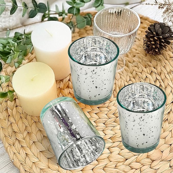 36 Pcs Silver Votive Candle Holders,Mercury Glass Candle Holder,Tealight Candle Holders Bulk for Wedding Holiday Centerpiece Table Party Home Valentines Day Decor