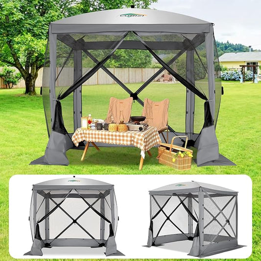 COBIZI 6x6 Pop up Gazebo Tent, Ez up Waterproof Screen Tent Screen House, Portable Outdoor Canopy Sun Shelter with Carry Bag & Ground Stakes for Camping, Garden and Picnics, Gray(Upgraded 2.0)