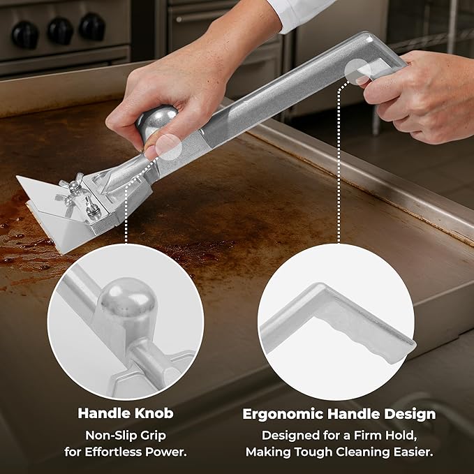 Heavy-Duty Griddle Scraper Kit – Griddle Scrapers for Flat Tops & Grill Scraper with Ergonomic Handles, Splash Guard, 4 Extra Blades for Effortless Burnt-On Grease Removal