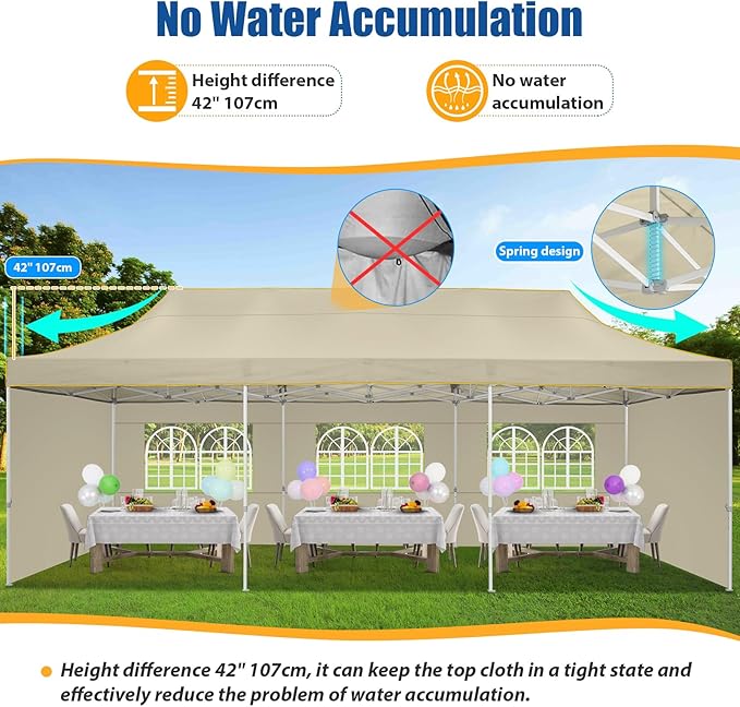 HOTEEL 10x30 Pop up Canopy Tent for Parties, Heavy Duty Easy Setup Tent with 5 Sidewalls, Outdoor Commercial Instant Gazebo for Wedding Event, with Roller Bag & Sand Bags, Khaki(Hexagonal Frame)