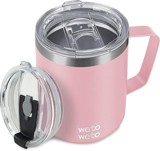 WETOWETO 14 oz Coffee Mug, Vacuum Insulated Camping Mug with Lid, Double Wall Stainless Steel Travel Tumbler Cup, Coffee Mugs Outdoor, Powder Coated Ice Pink