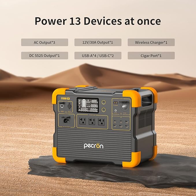 pecron E1500LFP Solar Generator with 300W Solar Panel,1536Wh/2200W Portable Power Station LiFePO4 Battery Backup for Home Use, Camping, RV