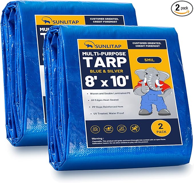 2 Pack 8' x 10' Waterproof Tarps, Finished Size Tarp Cover with Grommets Reinforced Edges, 5 MIL Multipurpose Light Duty Tarpaulin for Car, Camping, Boat, Roof, Protective Cover - Blue