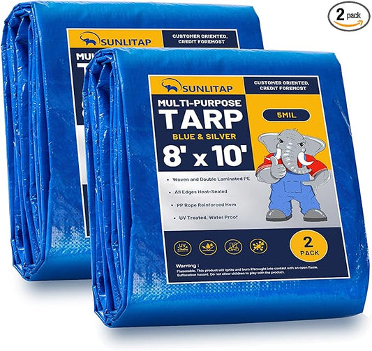 2 Pack 8' x 10' Waterproof Tarps, Finished Size Tarp Cover with Grommets Reinforced Edges, 5 MIL Multipurpose Light Duty Tarpaulin for Car, Camping, Boat, Roof, Protective Cover - Blue