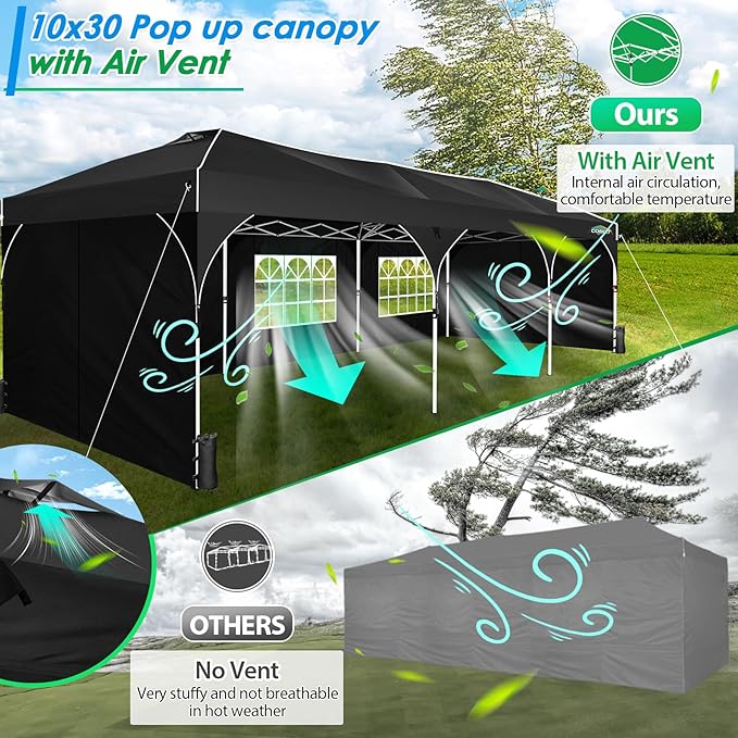 COBIZI 10X30 Party Tent 10x30 Pop Up Canopy Tent for Parties with Wheeled Bag|Push Center Lock & 5 Sidewalls|Waterproof & UPF50+|Gazebo Outdoor Canopy for Wedding,BBQ with 8 Stakes & 16 Ropes,Black
