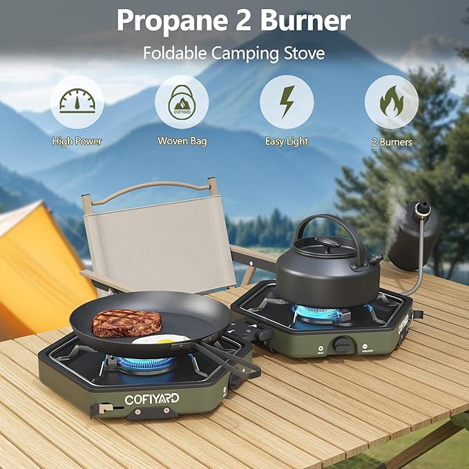 Propane 2-Burner Camping Stove with Carrying Bag and Gas Stove Pressure Regulator, Camping Essentials Folding Camp Stove with Flick-Style Ignition for Backpacking, Outdoor Cooking, Tailgating