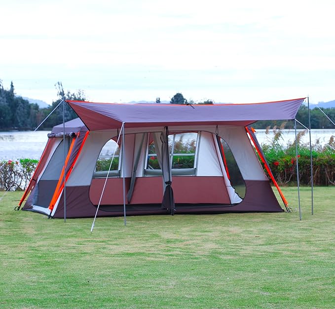 KTT Extra Large Tent 12 Person(A),Awning Family Cabin Tents,2 Rooms,3 Doors and 3 Windows with Mesh,Straight Wall,Waterproof,Double Layer,Big Tent for Outdoor,Picnic,Camping,Family Gathering。