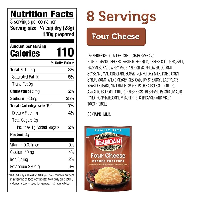 Idahoan Four Cheese Mashed Potatoes Family Size, 8 oz Pouch (Pack of 8)