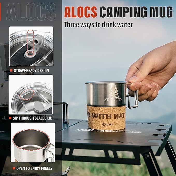 Alocs Camping Mug - Stainless Steel Travel Coffee Mug - Camping Coffee Mugs with Foldable Handle - 10 oz Camping Cup with Lids - Portable Travel Mug for Outdoor Backpacking Hiking Climbing Climbing
