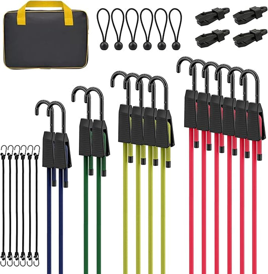 Bungee Cords with Hooks, 30pcs Assortment Heavy Duty Outdoor with 24'' 36'' 48'' 60'' Adjustable Bungee Cords, 8'' J Hooks Cord, 4" Canopy Tarp Ball Ties and Tarp Clips Drawstring Organizer Bag