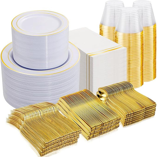 NOCCUR 700PCS Gold Plastic Plates - Gold Disposable Dinnerware Set for 100 - Include 200 Dinner/Dessert Plates,300 Cutlery,100Cups,100Napkins, Idea for Wedding&Party