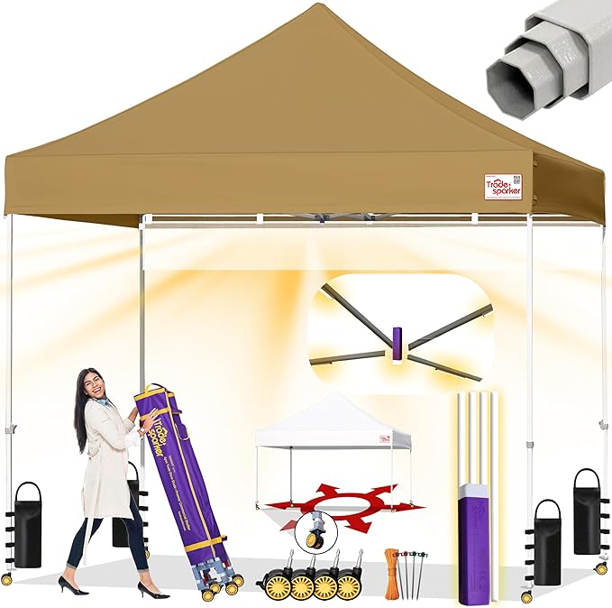 Tradesparker 10×10Pop Up Canopy Tent-Commercial Instant Shelter-Trade Show Canopies with LED Curtain & 4 Dual-Row Casters,Weight Kit for Beach,Events,Parties,Camping,Gazebo Shade,Khaki