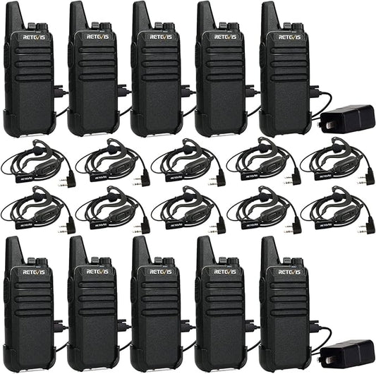 Retevis RT22 2 Way Radios Walkie Talkies,Rechargeable Long Range Two Way Radio, USB VOX Small Emergency 2 Pin Earpiece Headset,for School Retail Church Restaurant (Packed in Pairs with 5 Boxes)