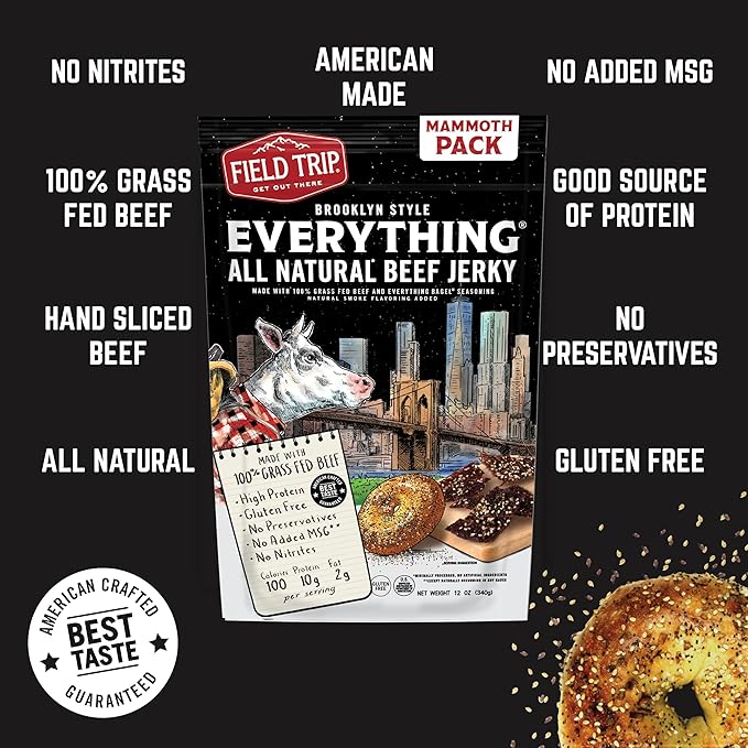 Field Trip Grass Fed Beef Jerky, Healthy Gluten Free Snacks, All Natural, Paleo-Friendly Meat Snacks, High Protein, Low Carb Snack with No Nitrates, 12oz Bag, Everything Bagel