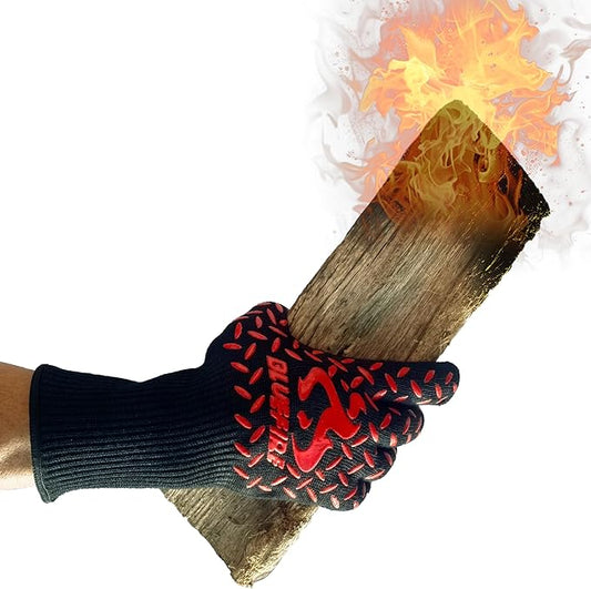 BBQ Grill Firepit Oven Mitts Highest Heat Resistance EN407 Lab Certified (X-Large, Red/Black)