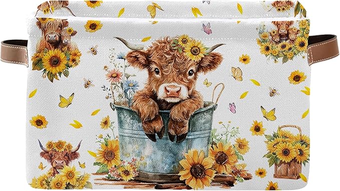 Highland Cow Rectangle Storage Basket - Highland Cow Themed Collection Collapsible Storage Baskets with Handles - Cute Cows Pattern Storages Bin for Kids Clothes, Gifts, Books,Toys
