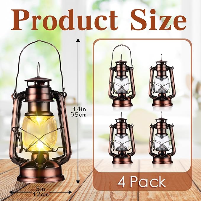 4 Pcs LED Vintage Lanterns Battery Operated Warm White Old Hurricane Lantern Antique Metal Hanging LED Lamp with Dimmer Switch for Indoor Table Outdoor Christmas Halloween(Bronze)