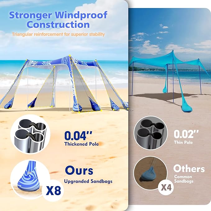 2PM SPORTS Beach Tent Canopy with UPF50+ UV Protection, Outdoor Large Beach Sun Shade Shelter for Family Picnic Camping Travel Shore Fishing, 8 Sandbags, Sand Shovel (Areca Palm, 10x10 FT)