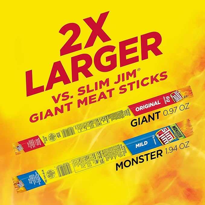 Slim Jim Monster Smoked Meat Sticks, Mild Flavor, High Protein, 1.94 oz. (18 Count)