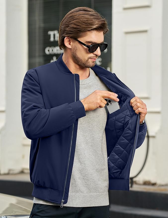 Cotrasen Mens Bomber Jacket Fall Winter Warm Windbreaker Casual Full Zip Padded Coats with Pockets