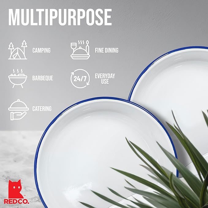 Red Co. Set of 4 Enamelware Metal 10” Round Camping Plates, Solid White/Navy Blue Rim