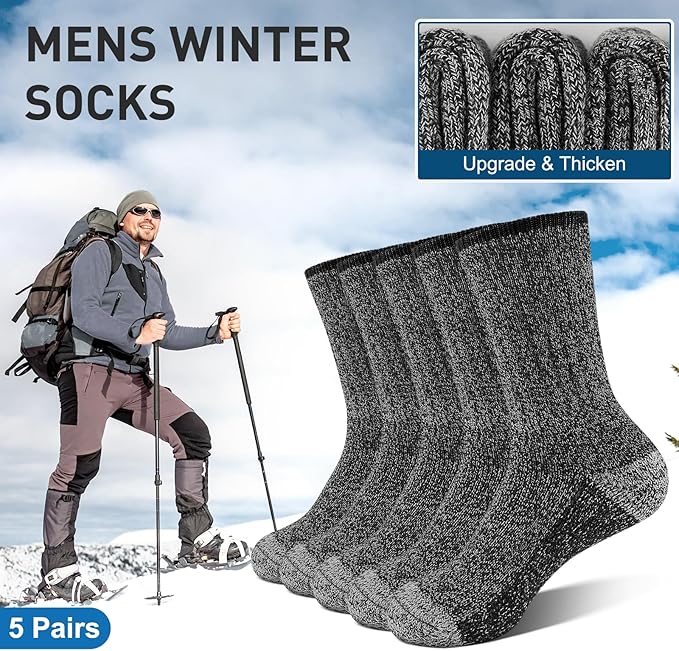 UUMIAER Merino Wool Socks for Men Hiking Thermal Warm Winter Crew Socks Thick Cushion Moisture Wicking Socks 5 Pairs