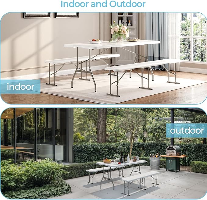 6ft Folding Table, Outdoor Foldable Table with HDPE Tabletop, Safety Locks, Easy to Carry and Store, No-Assembly Camping Table for Dining, Picnic, White