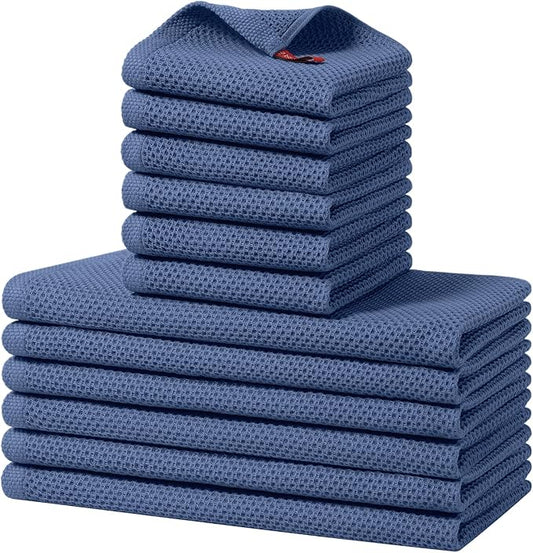 Kitinjoy 100% Cotton Kitchen Towels and Dishcloths Set, 12 Pack-13" x 28" and 12" x 12" Waffle Weave Dish Towels, Ultra Soft Absorbent Quick Drying Dish Rags, Navy Blue