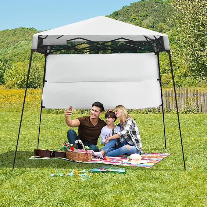 Tangkula 7x7 Ft Pop Up Canopy, Slant Leg Outdoor Tent with Carry Bag & 4 Stakes, Compact Portable Canopy Tent for Hiking Camping Fishing & Picnic, 7x7 Base, 6x6 top