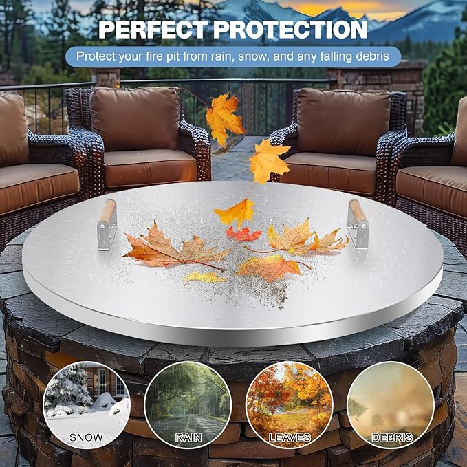 Fire Pit Lid Cover Round - 34" Stainless Steel Rust Resistant Firepit Cover or Table with 2 Wooden Handles for Patio Fire Pit, Weatherproof for All Seasons, Fits Fire Pits Up to 32"
