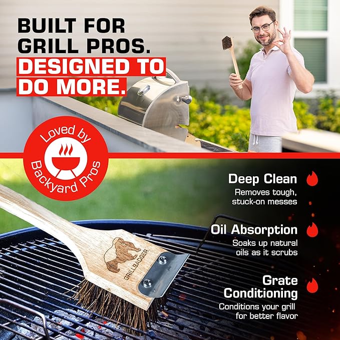 The Original Non Metal Grill Brush for Outdoor Grill – Natural Wooden BBQ Cleaner with Grill Scraper, High-Temp Heat Resistant BBQ Cleaning Brush, Safe for Cast Iron Grates, Outdoor Tools