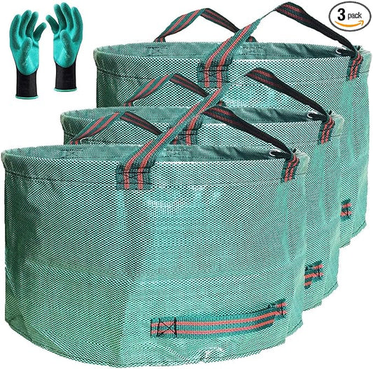 Professional 3-Pack 63 Gallons Lawn Garden Bags (D31, H19 inches) Reusable Yard Waste Bag with Gardening Gloves - Patio Standable Bag,Leaf Bag,Trash Containers,Plant Clippings Bag with 4 Handles