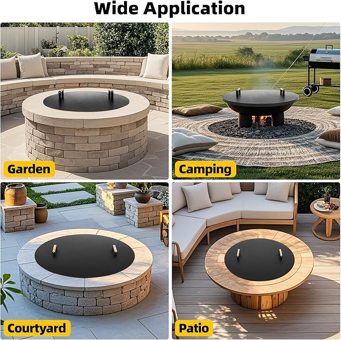G GOOD GAIN Firepit Lid Round 38 Inch - Rust Resistant Fire Pit Lid Cover with Wooden Handle & Gloves, Fire Pit Snuffer Lid for Courtyards, Patio, Winter Cold Protection. Fits Fire Pits Up to 36"