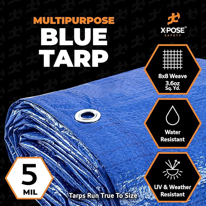 Better Blue Poly Tarp 50' x 50' - Multipurpose Protective Cover - Lightweight, Durable, Waterproof, Weather Proof - 5 Mil Thick Polyethylene - by Xpose Safety