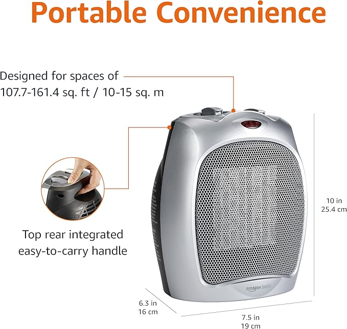 Amazon Basics Ceramic Space Heater, Portable Indoor Heating Solution, With Overheat and Tip-Over Protection, Thermostat, Non-Oscillating, 1500W, 7.52"D x 6.34"W x 9.45"H, Silver