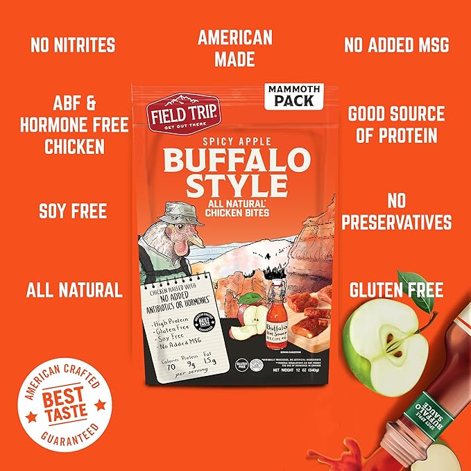 Field Trip Chicken Jerky Bites, All Natural and Gluten Free, Keto and Paleo-Friendly Healthy Snack, Low Calorie, High Protein Snacks with No Nitrates, 12oz Bag, Spicy Buffalo Style