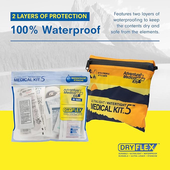 Adventure Medical Kit Ultralight/Watertight Medical Kit .5 - Up to 2 People, Up to 2 Days - Includes Bandages, Blister Essentials & More - Perfect for Hiking, Biking & Climbing