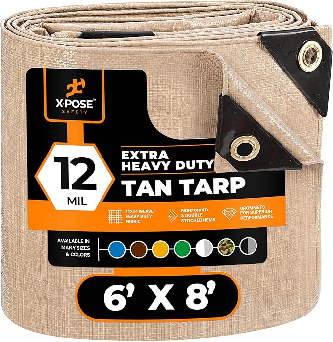 Heavy Duty Tan Poly Tarp 6' X 8' - Multipurpose Protective Cover - Durable, Waterproof, Weather Proof, Rip and Tear Resistant - Extra Thick 12 Mil Polyethylene - by Xpose Safety