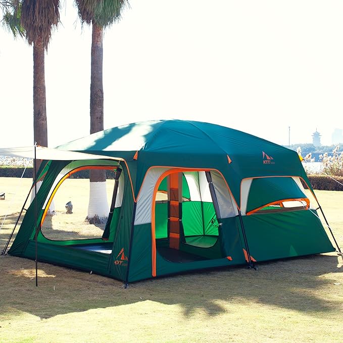 KTT Extra Large Tent 6-10-12-14 Person(A),Family Cabin Tents,2 Rooms,3 Doors and 3 Windows with Mesh,Straight Wall,Waterproof,Double Layer,Big Tent for Outdoor,Picnic,Camping,Family Gathering