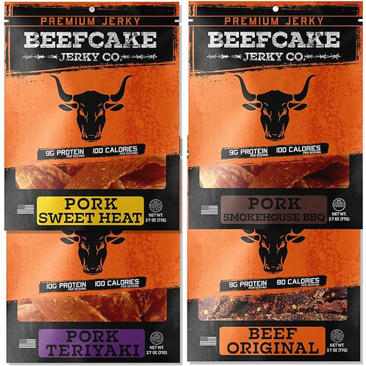 BEEFCAKE Jerky Best Sellers Collection, Includes Beef Jerky Sweet Heat, Teriyaki, Original & Smokehouse, 9 Gram of Protein & 100 Calories 2.7 Oz | Pack of 4