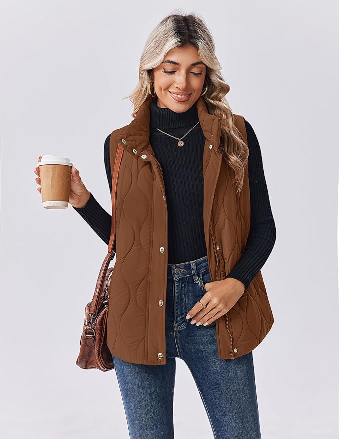 Zeagoo Puffer Vest Women Sleeveless Quilted Jacket Lightweight Snap Zip Up Stand-up Collar Down with Pockets Outerwear