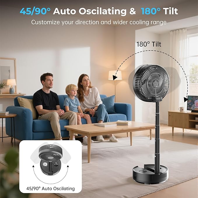 40000mAh Battery Operated Fan - Rechargeable Collapsible Fan, 106H Run, 9 Speeds Oscillating, Battery Powered with Timer & Light for Camping Travel RV Outdoor Hurricane Power Outage Black