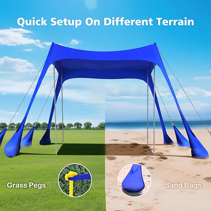 2PM SPORTS Beach Tent Canopy with UPF50+ UV Protection, Outdoor Large Beach Sun Shade Shelter for Family Picnic Camping Travel Shore Fishing, 8 Sandbags, Sand Shovel (Navy Blue, 10x10 FT)