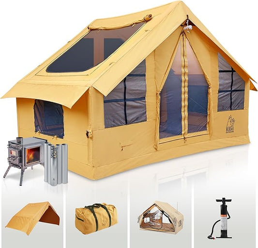 Panda Inflatable Tents for Camping with Stove Jack, Canvas Blow Up, Easy Setup Inflatable Tent, Waterproof Hot Inflatable Outdoor House, Casa de Campaña with Hand Pump