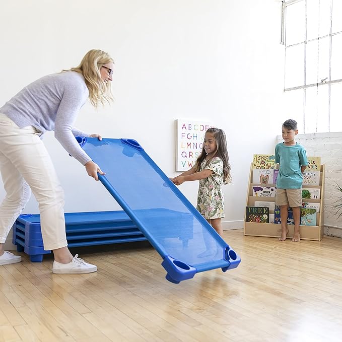 ECR4Kids Stackable Kiddie Cot, Ready-to-Assemble, Standard Size, Classroom Furniture, Blue, 6-Pack