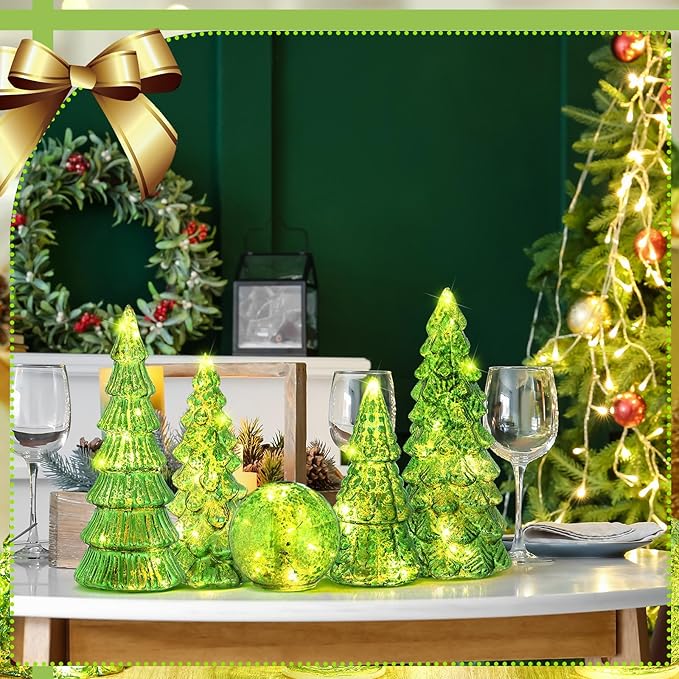 Syhood 6 Pcs Lime Green Mercury Glass Christmas Tree for Tabletop Light up Figurine Christmas Tree Mercury Cracked Glass Globe with Light for Xmas Decor Home Party Centerpiece Mantel Gift